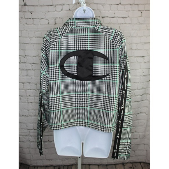 Champion Jackets & Blazers - Champion Windbreaker Jacket Women's Large Black Houndstooth Cropped Button Up